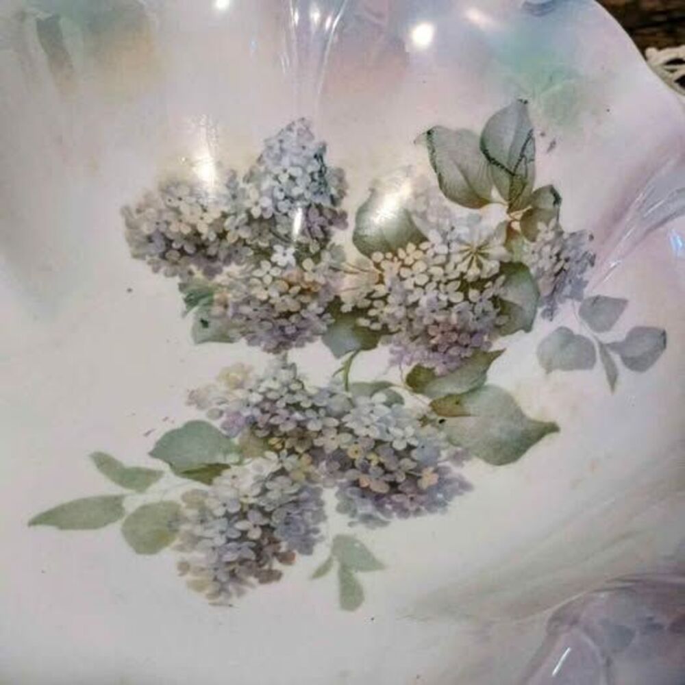 Antique Silesia Germany Lusterware Porcelain Serving Bowl Purple Lilac Floral 9" - Picture 2 of 9